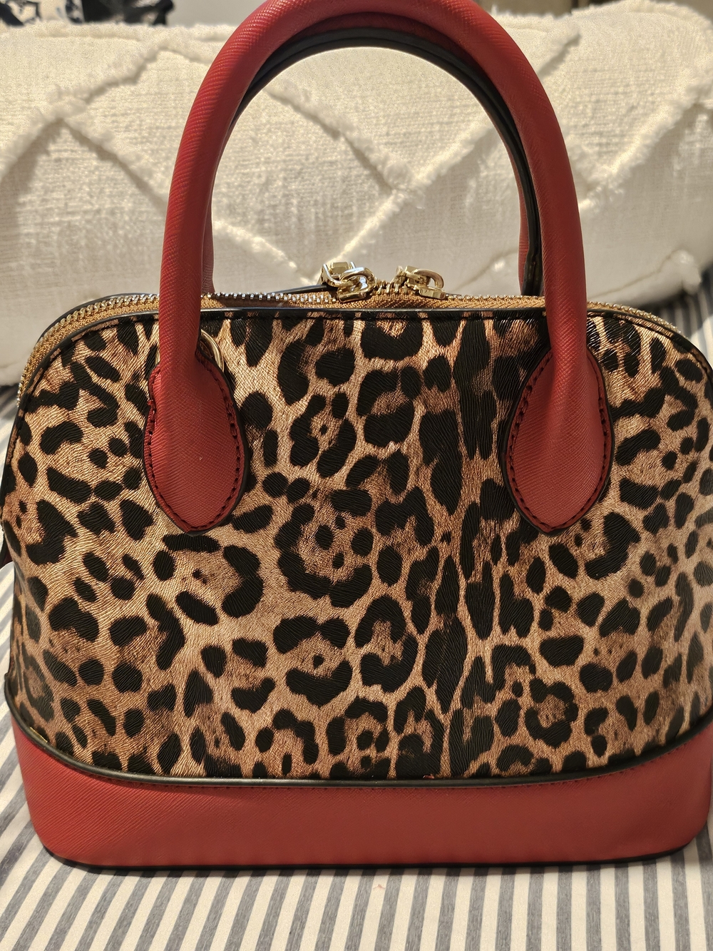 Leopard Print Satchel Handbag with Red Trim